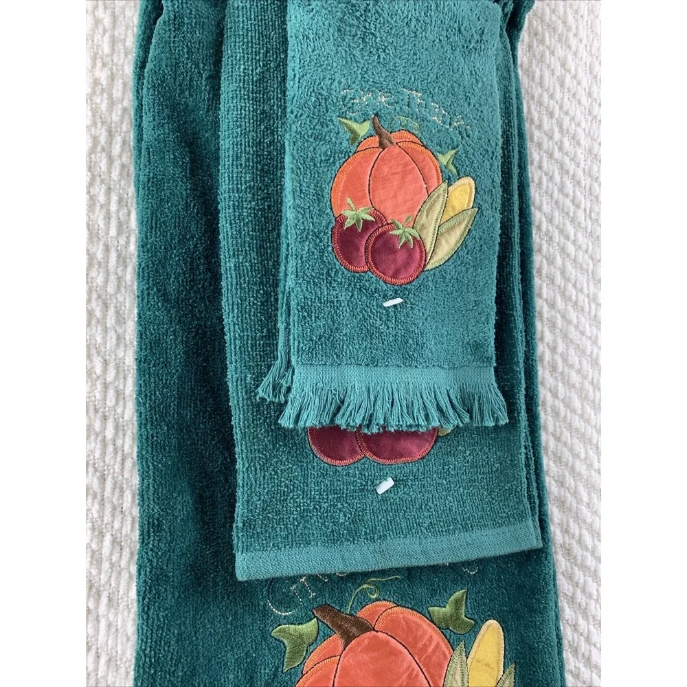 Thanksgiving Decorator Green Bath Room Hand Towels Set Fall‎ Pumpkin Embroidered